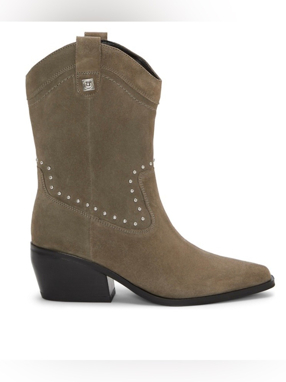 LUCKY Suede Western Mid-Calf Boot in Taupe with Stud Detail